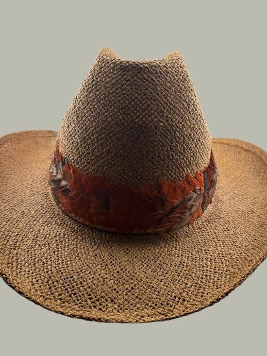 Vintage Boho Feather Straw Cowboy Hat Festival Rancher Western Large main image 6